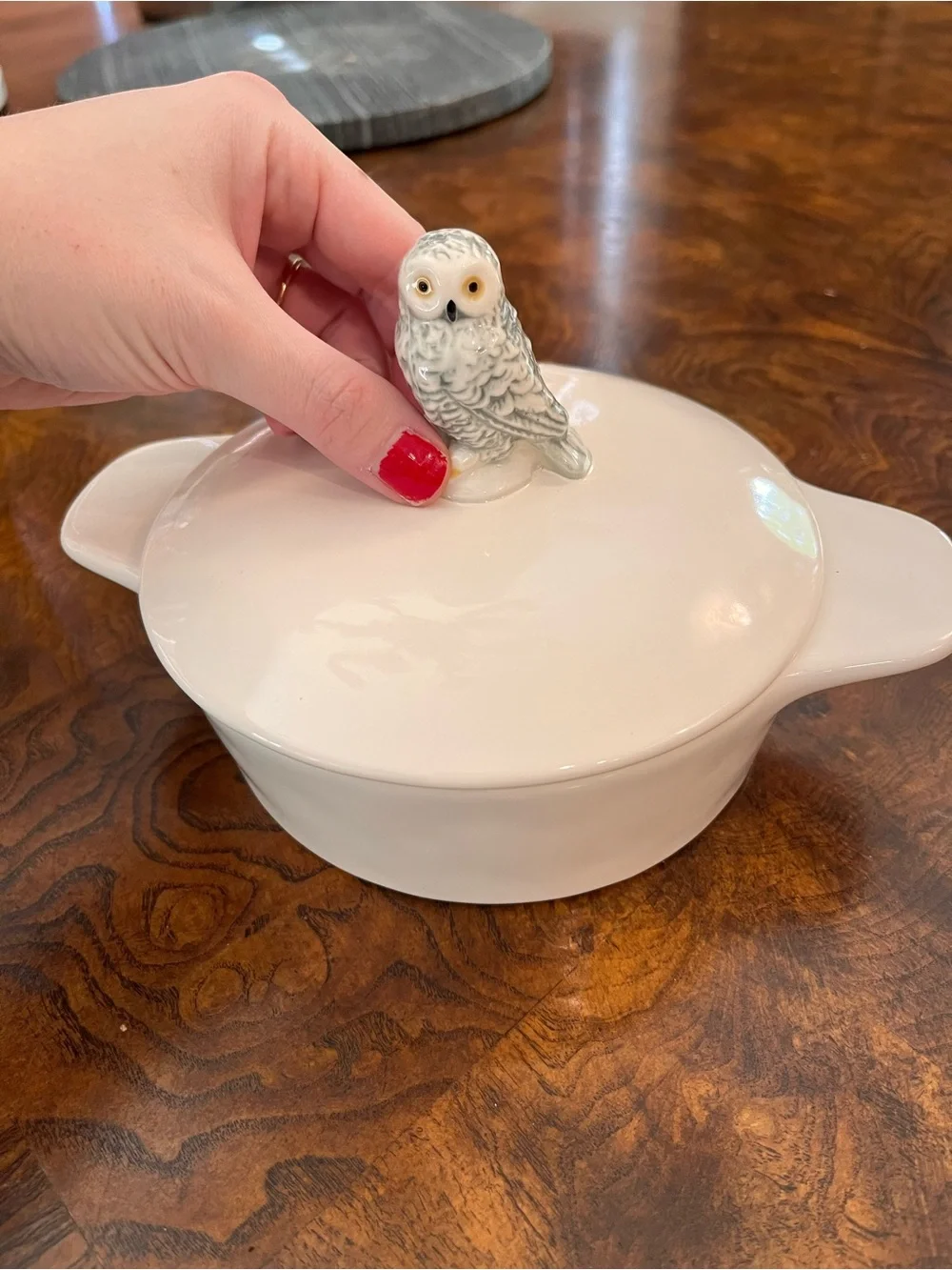 Collectable Rae Dunn/Harry Potter White Ceramic Covered Dish with Owl Knob